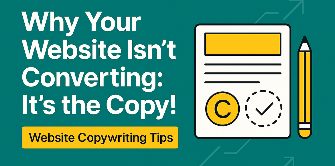 Feature image for blog “Why Your Website Isn’t Converting: It’s the Copy!” showing headline text with a pencil and document illustration, highlighting website copywriting tips.