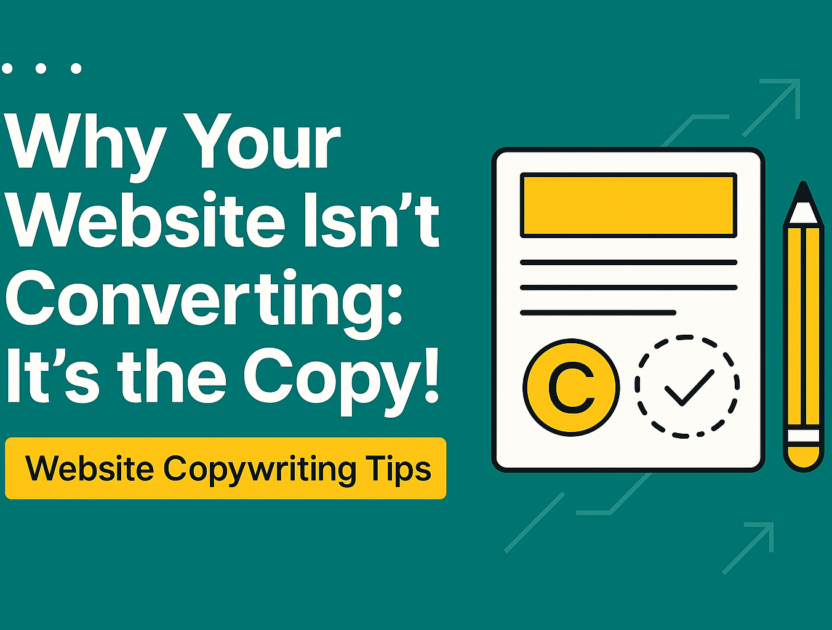 ChatGPT Image Aug 20, 2025, 04_39_14 PM Feature image for blog “Why Your Website Isn’t Converting: It’s the Copy!” showing headline text with a pencil and document illustration, highlighting website copywriting tips.