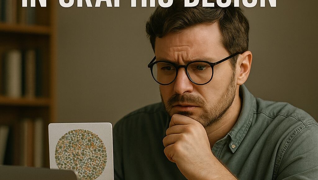 Ultra-realistic photo of a graphic designer with glasses, working at a desk with a laptop, colour swatches, and Ishihara test plates, with the bold text “Colour Blindness in Graphic Design” at the top.