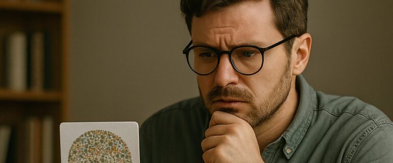 Ultra-realistic photo of a graphic designer with glasses, working at a desk with a laptop, colour swatches, and Ishihara test plates, with the bold text “Colour Blindness in Graphic Design” at the top.