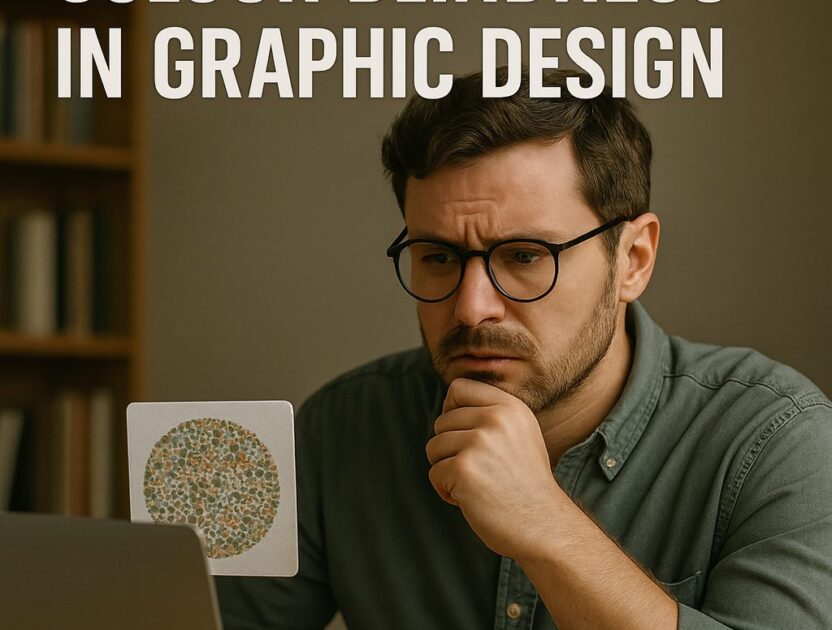 Ultra-realistic photo of a graphic designer with glasses, working at a desk with a laptop, colour swatches, and Ishihara test plates, with the bold text “Colour Blindness in Graphic Design” at the top.