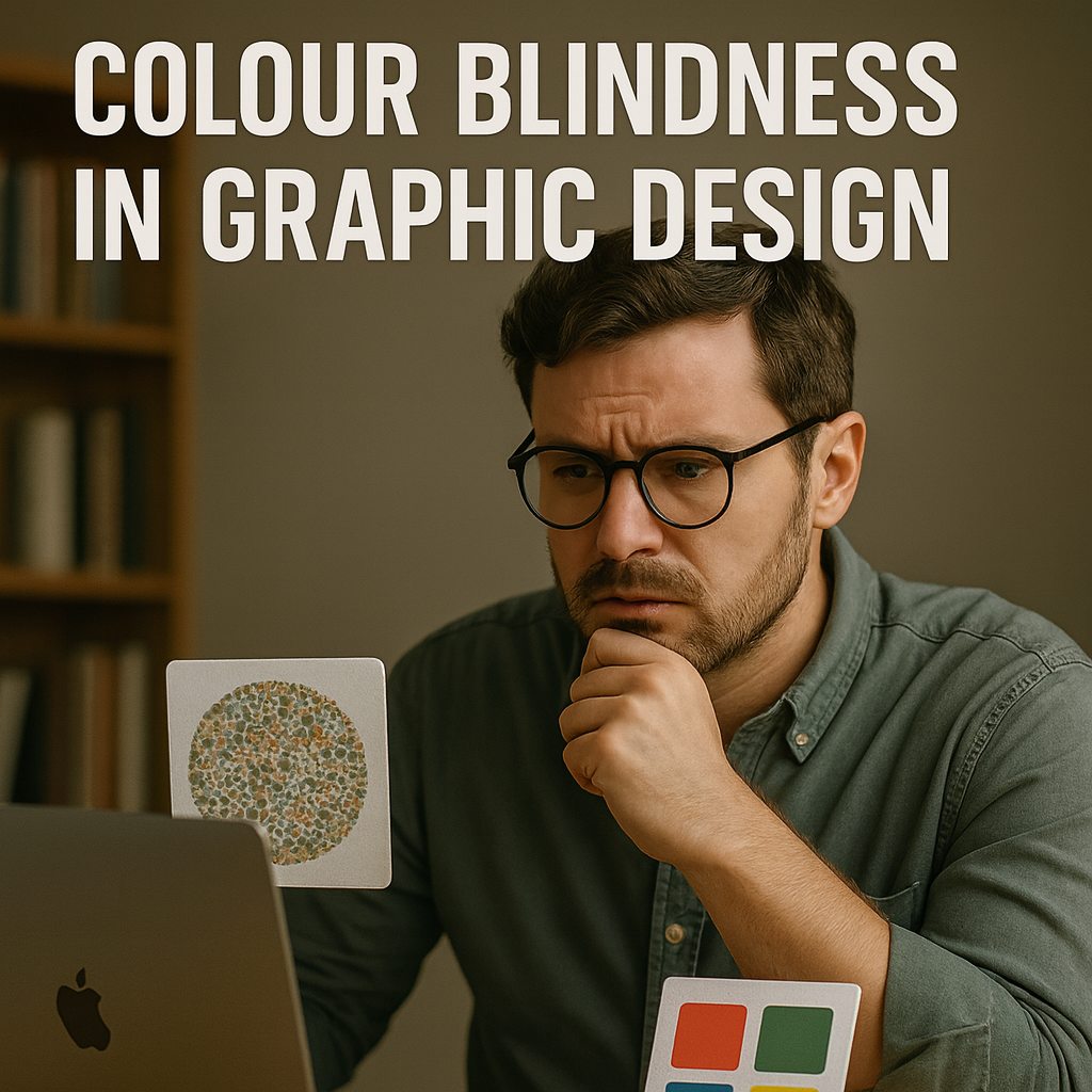 Ultra-realistic photo of a graphic designer with glasses, working at a desk with a laptop, colour swatches, and Ishihara test plates, with the bold text “Colour Blindness in Graphic Design” at the top.